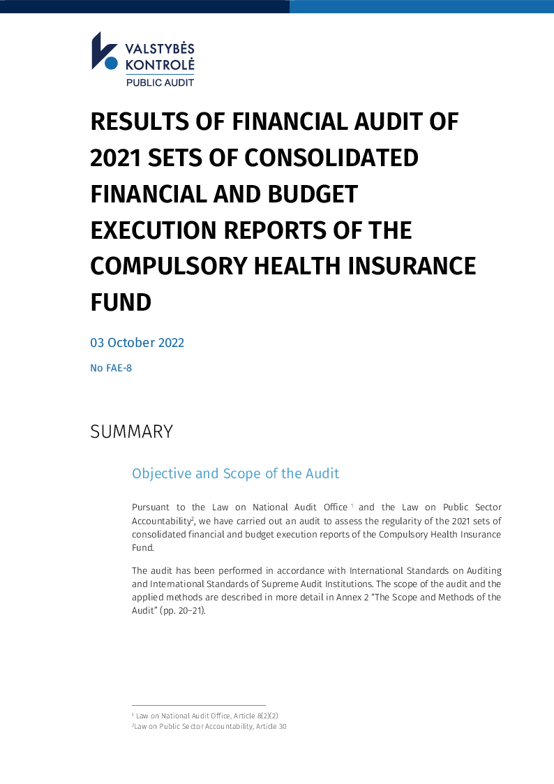Results of financial audit of 2021 sets of consolidated financial and budget execution reports of the Compulsory Health Insurance Fund