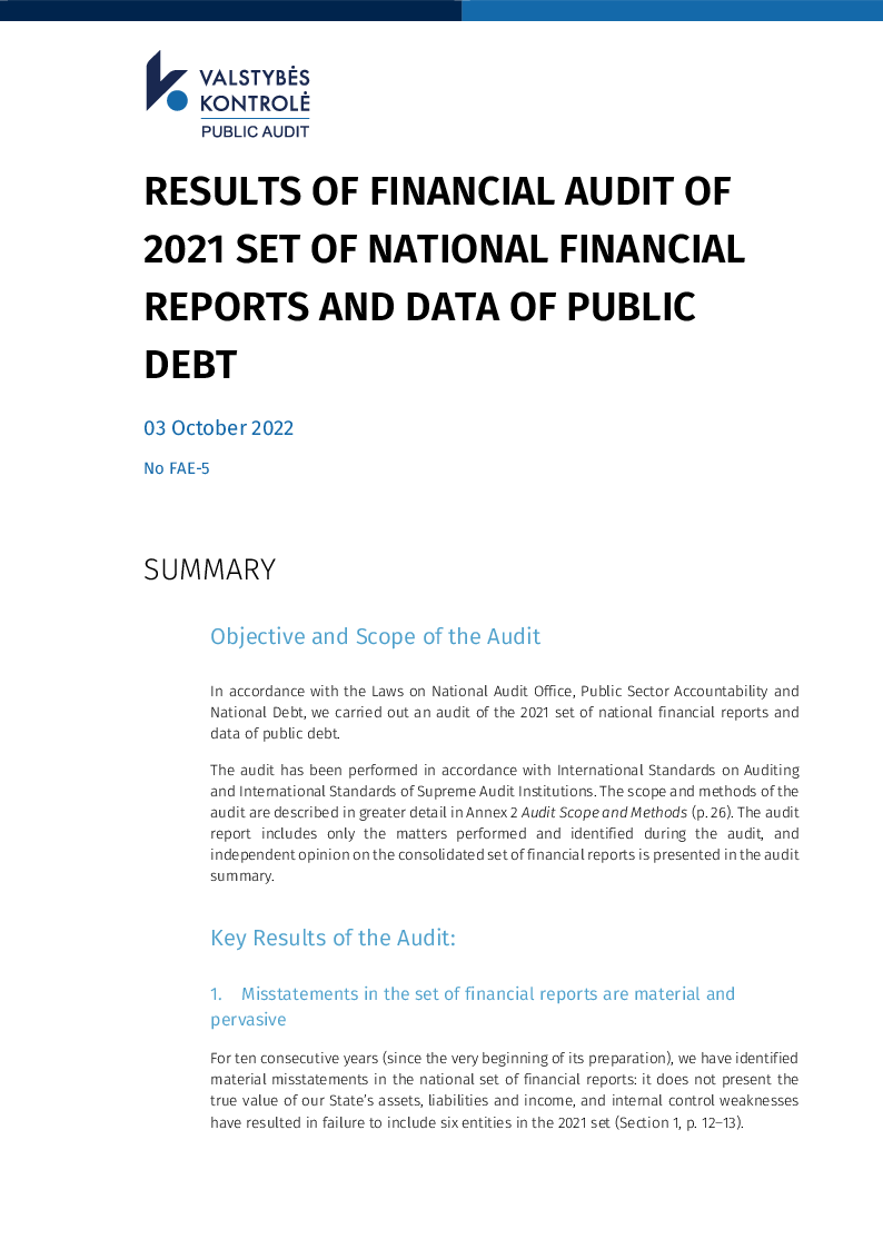 Results of financial audit of 2021 set of national financial reports and data of public debt