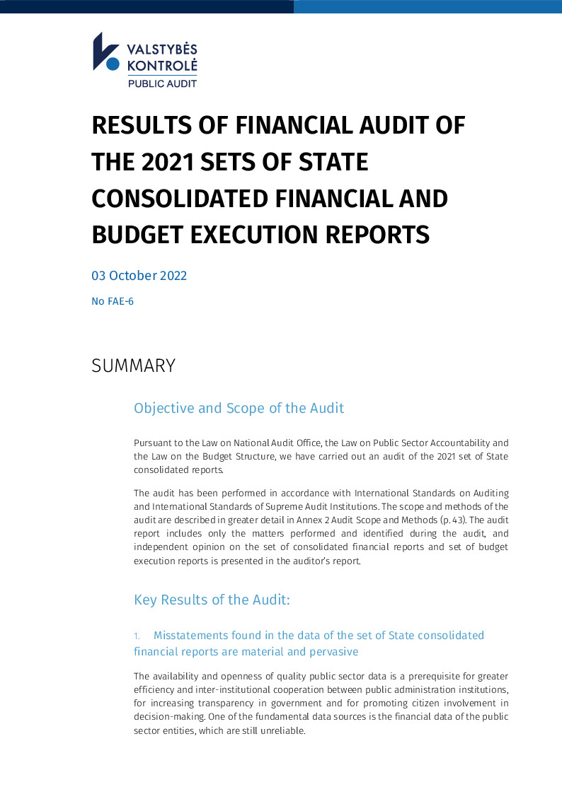 Results of financial audit of the 2021 sets of State financial and budget execution reports