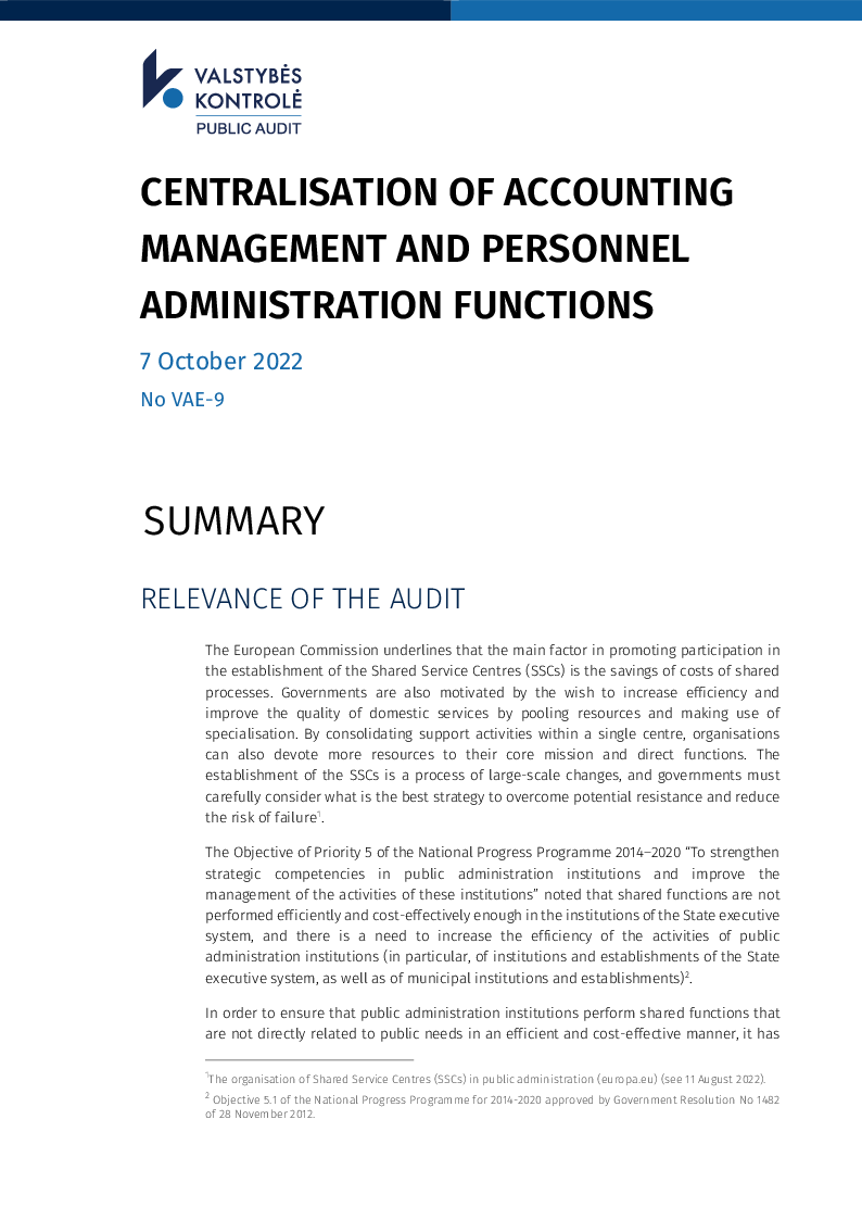 Centralisation of accounting management and personnel administration functions