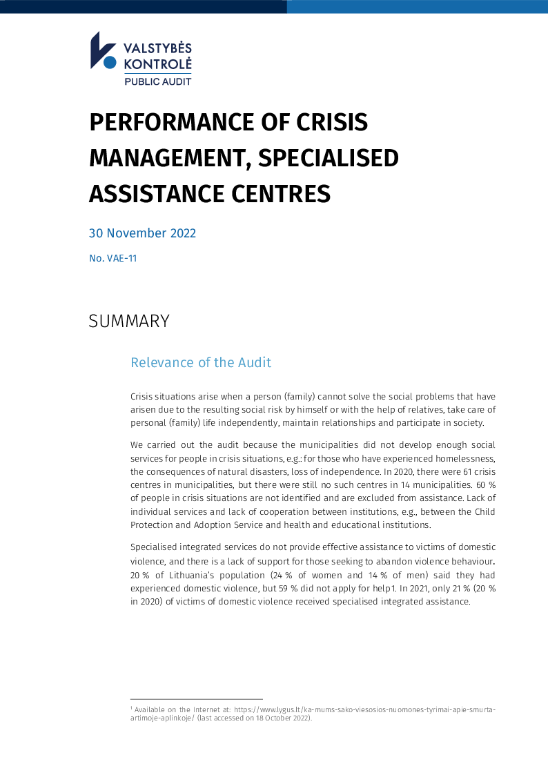 Performance of crisis management, specialized assistance centres