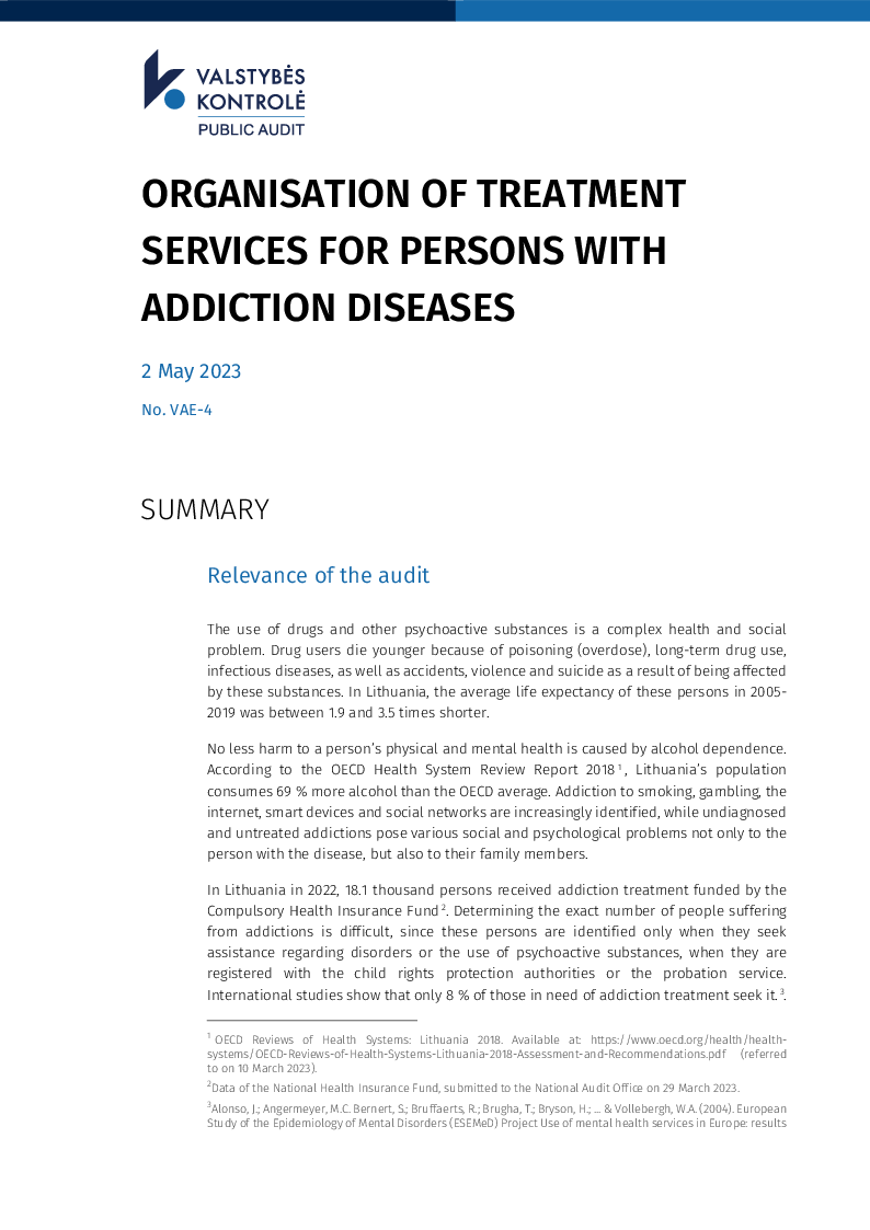 Organisation of treatment services for persons with addiction diseases