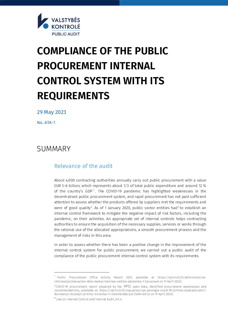 Compliance of the public procurement internal control system with its requirements