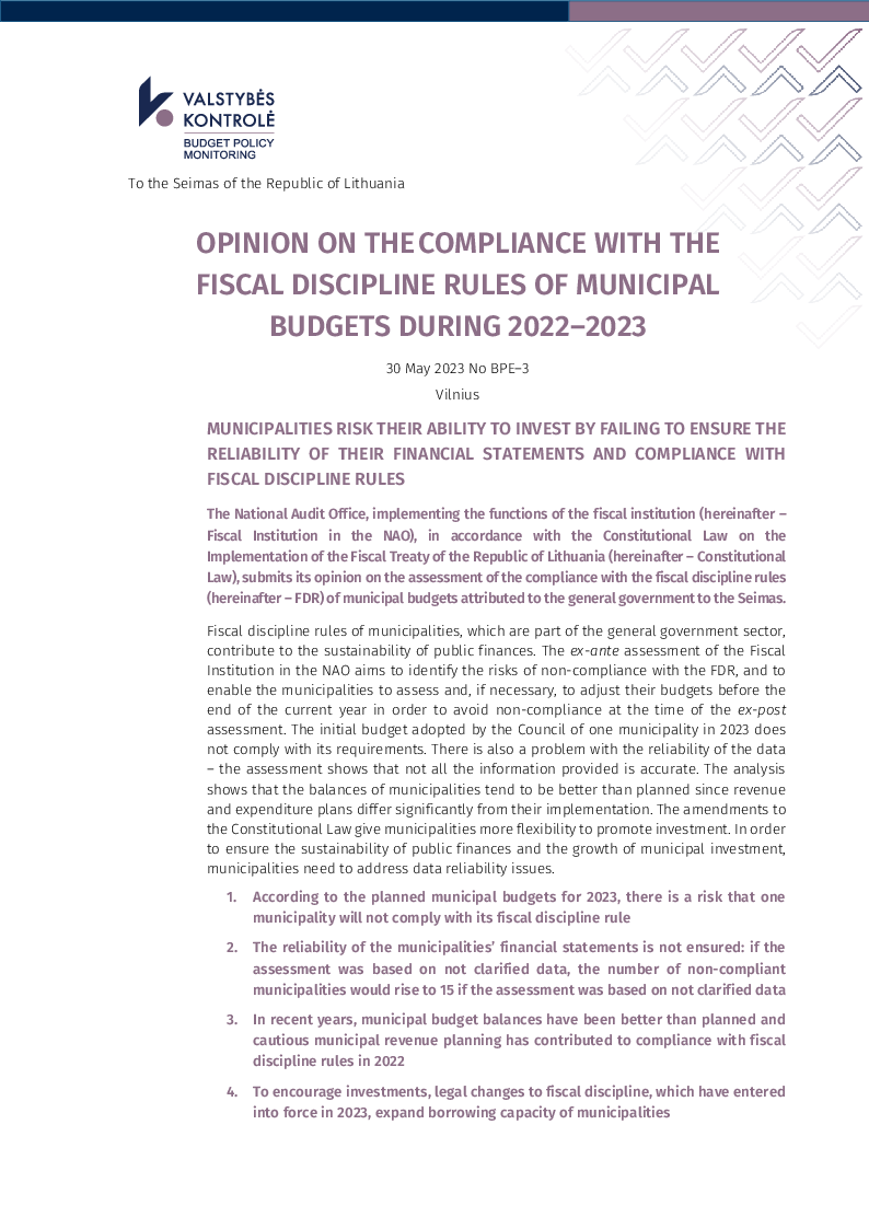 Opinion on the Compliance with the Fiscal Discipline Rules of Municipal Budgets 2022-2023
