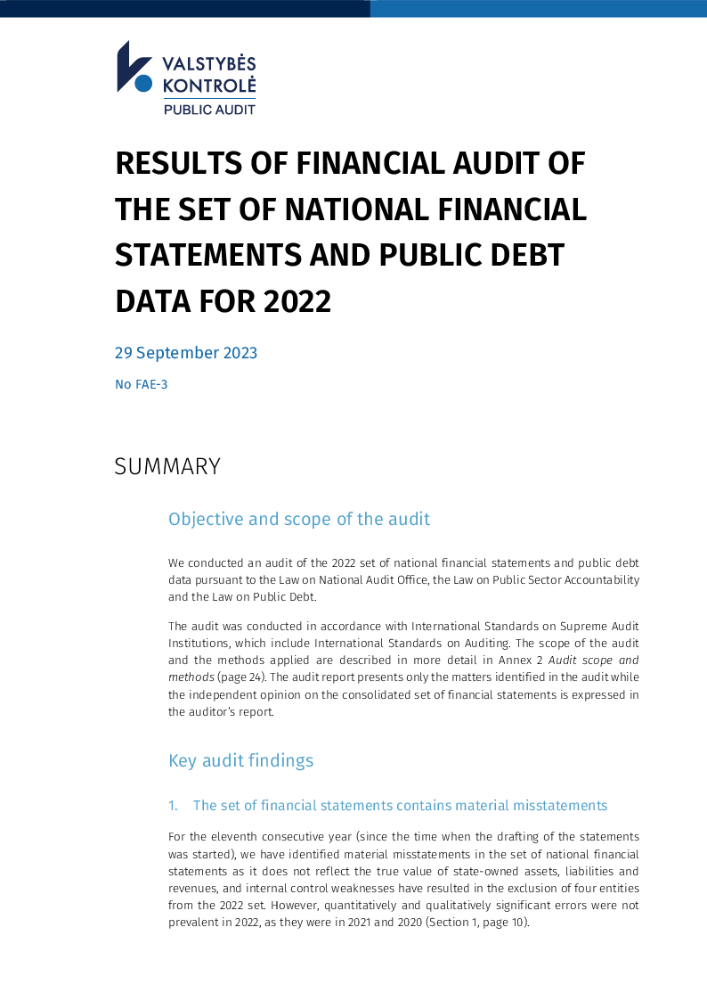 Results of financial audit of the set of national financial statements and public debt data for 2022