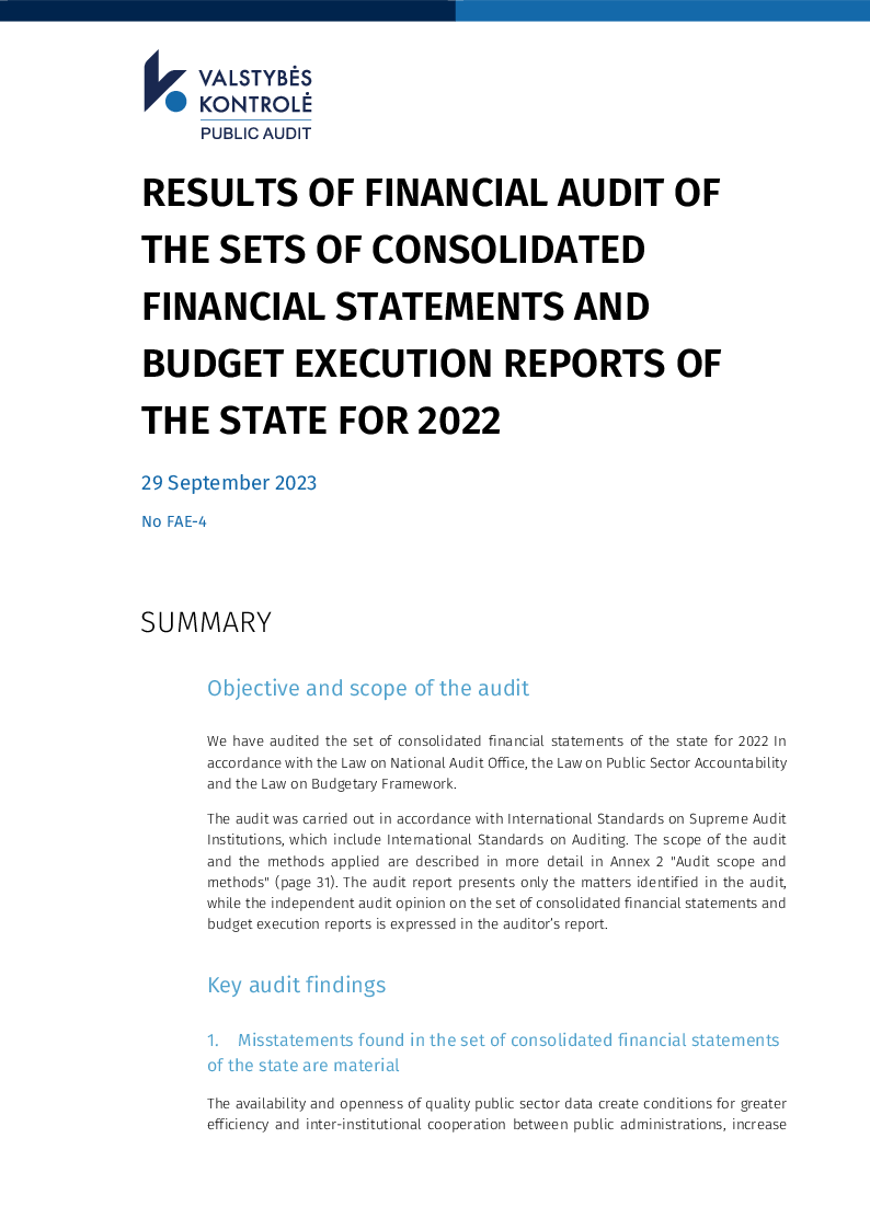 Results of financial audit of the sets of consolidated financial statements and budget execution reports of the state for 2022