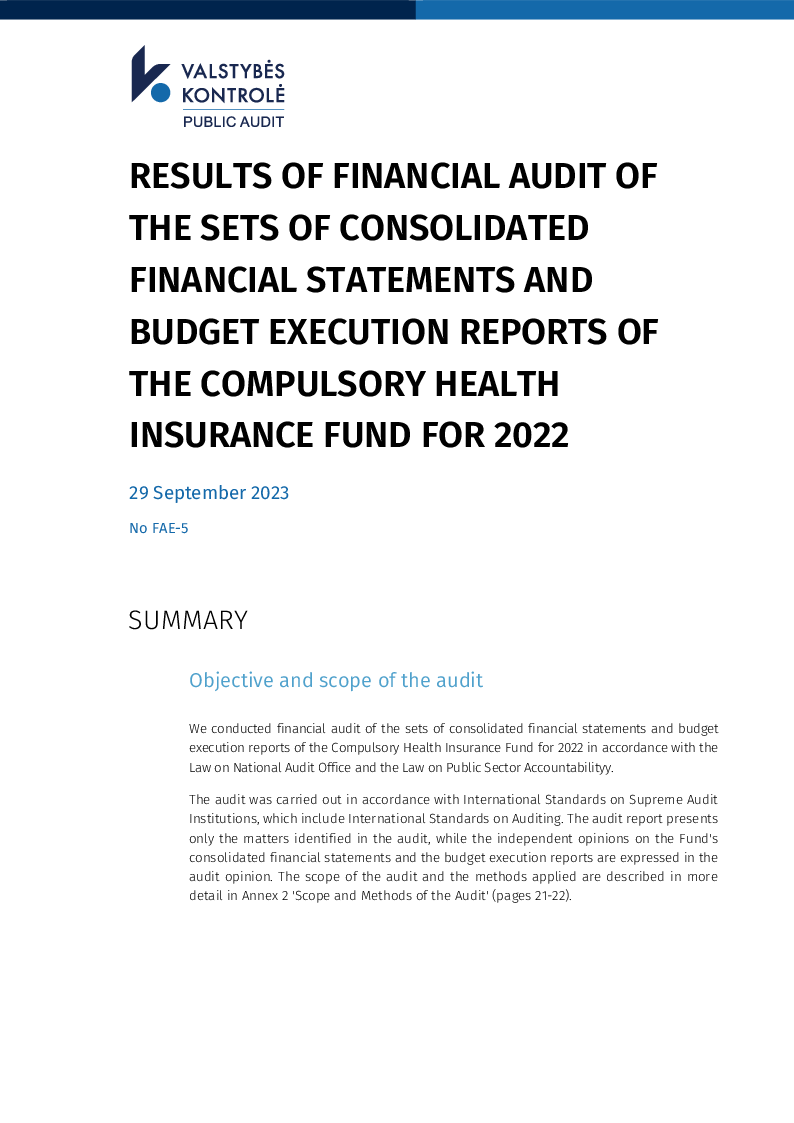 Results of financial audit of the sets of consolidated financial statements and budget execution reports of the Compulsory Health Insurance Fund for 2022