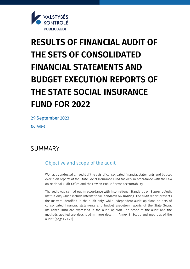 Results of financial audit of the sets of consolidated financial statements and budget execution reports of the State Social Insurance Fund for 2022