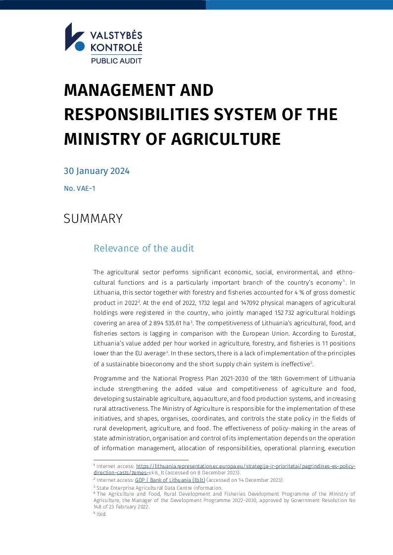 Management and Responsibilities System of the Ministry of Agriculture