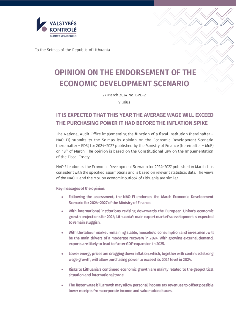 Opinion on the endorsement of the Economic Development Scenario