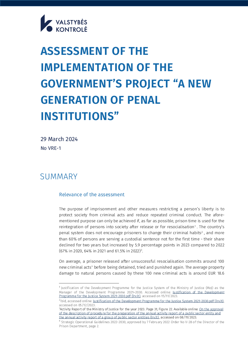 Assessment of the implementation of the Government’s project “A New Generation of Penal Institutions”