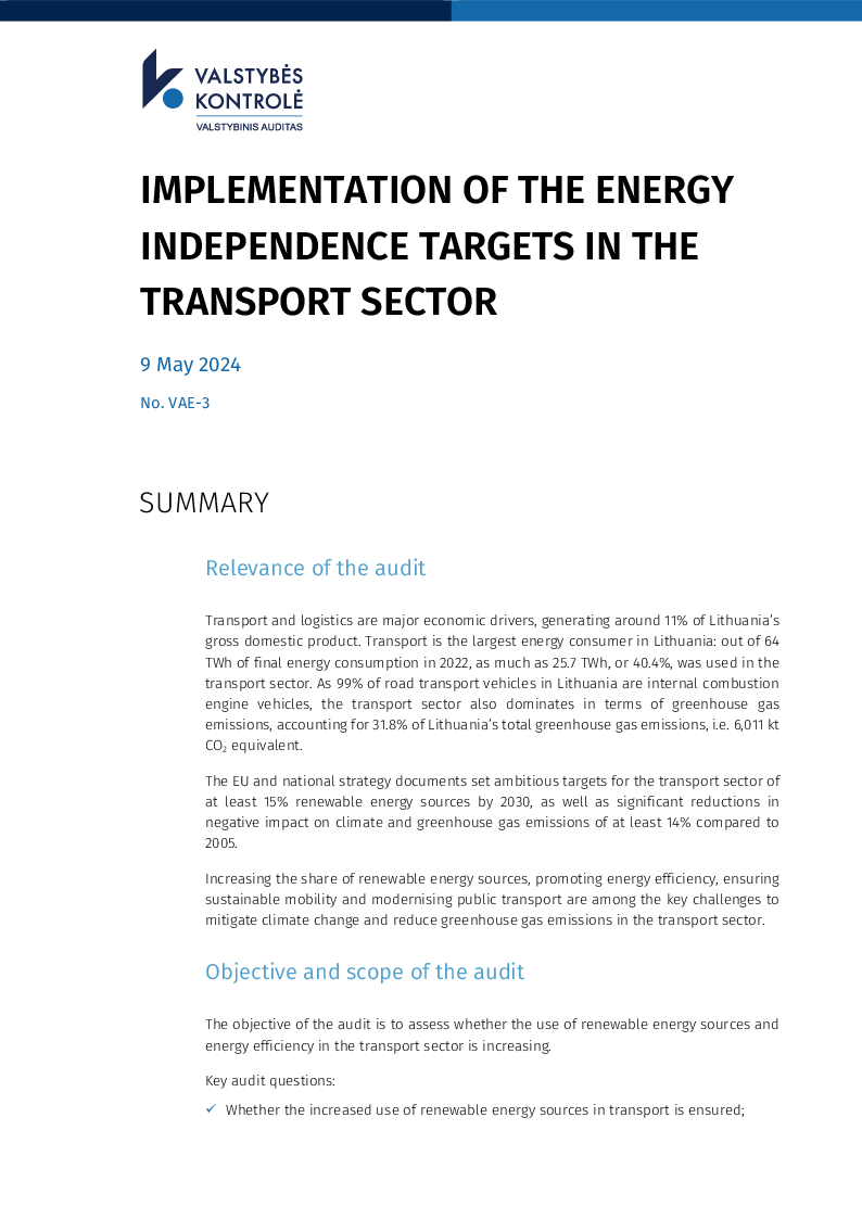 Implementation of the energy independence targets in the transport sector