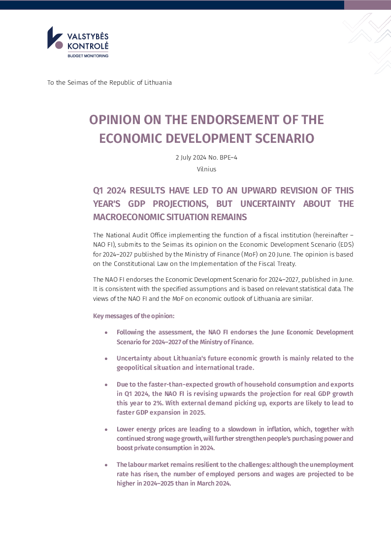 Opinion on the Endorsement of the Economic Development Scenario