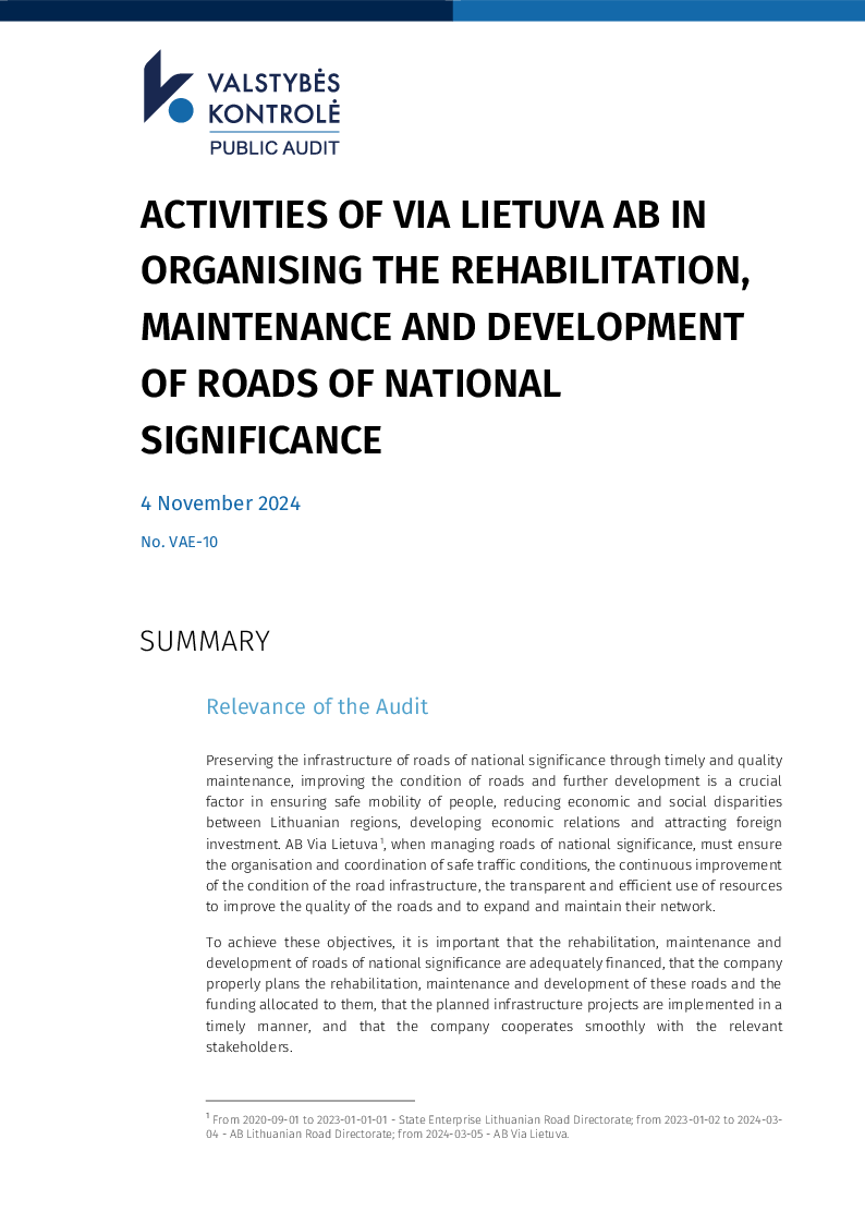 Activities of VIA Lietuva AB in organising, maintenance and development of roads of national significance