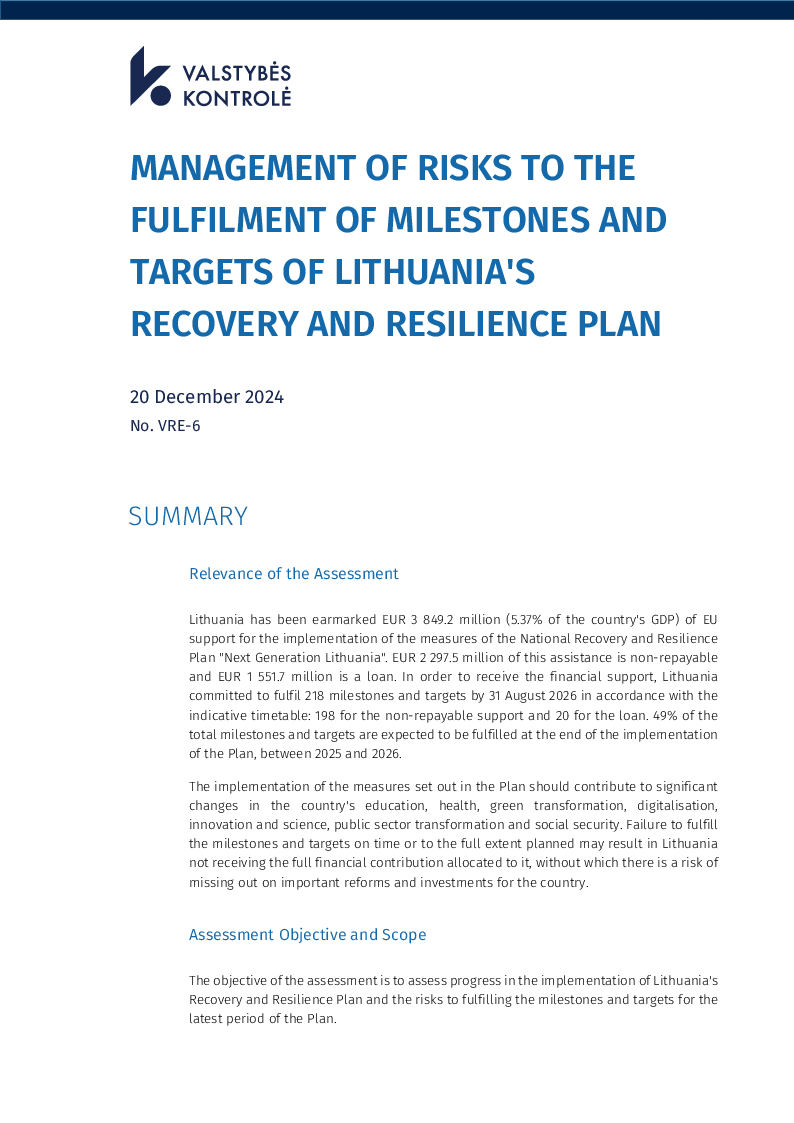 Management of risks to the fulfilment of milestones and targets of Lithuania‘s Recovery and Resilience Plan