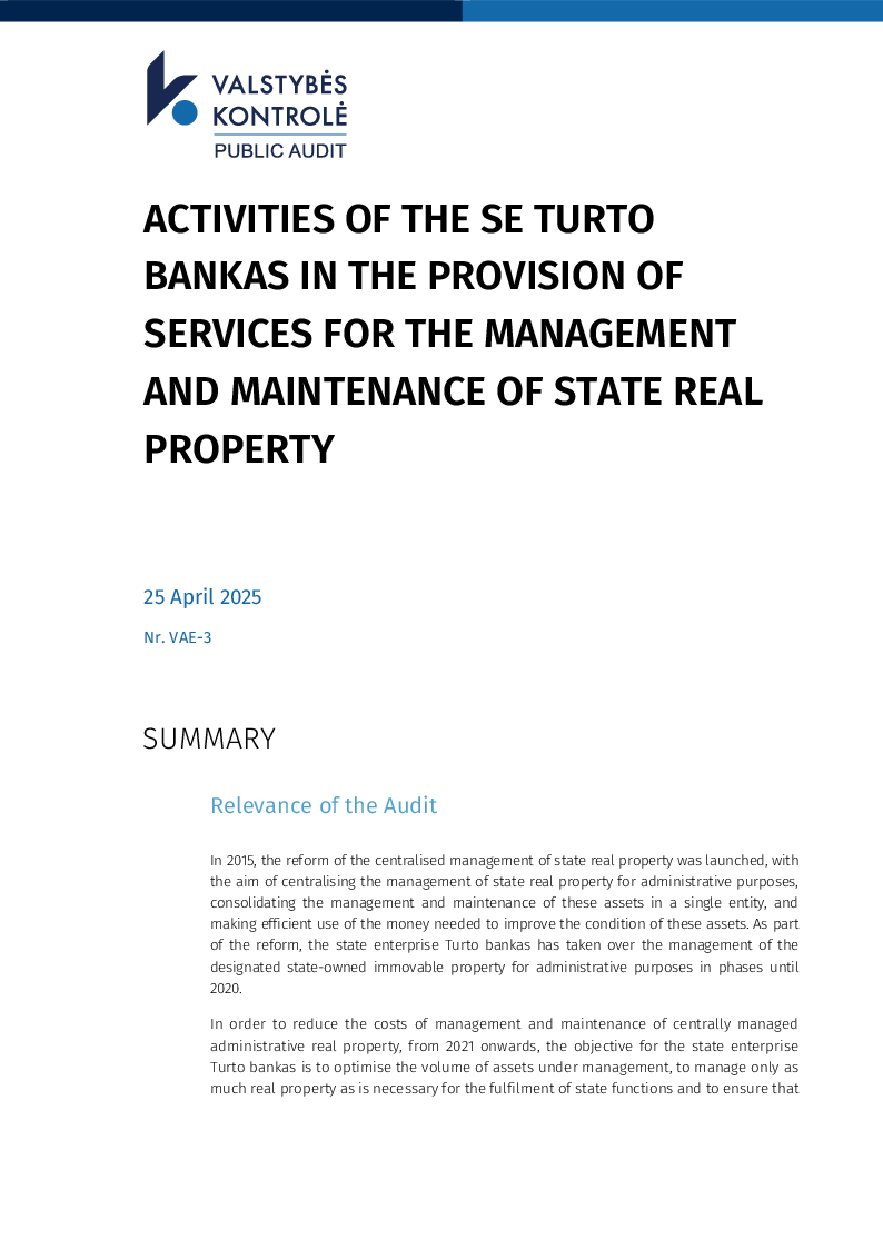 Activities of the SE Turto bankas in the provision of services for the management and maintenance of state real property
