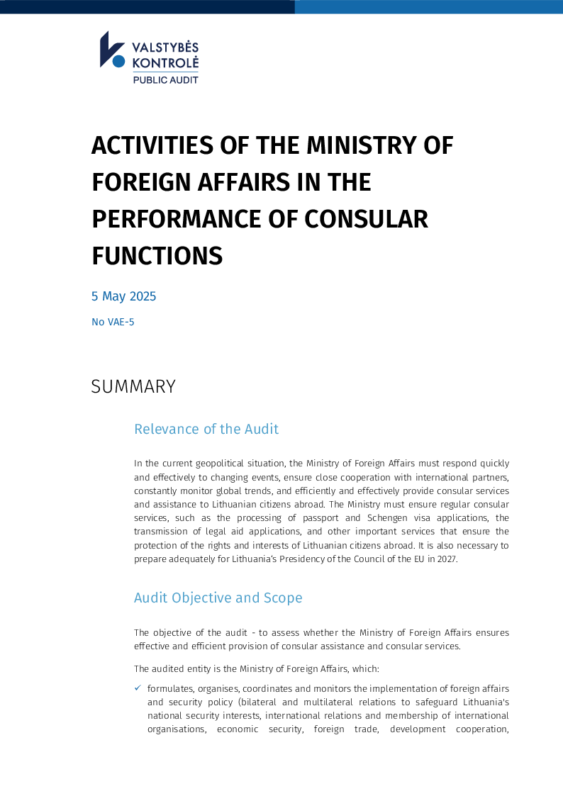 Activities of the Ministry of Foreign Affairs in the performance of consular functions