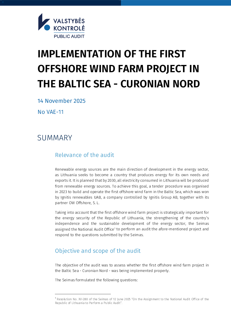 Implementation of the first offshore wind farm project in the Baltic Sea - Curonian Nord