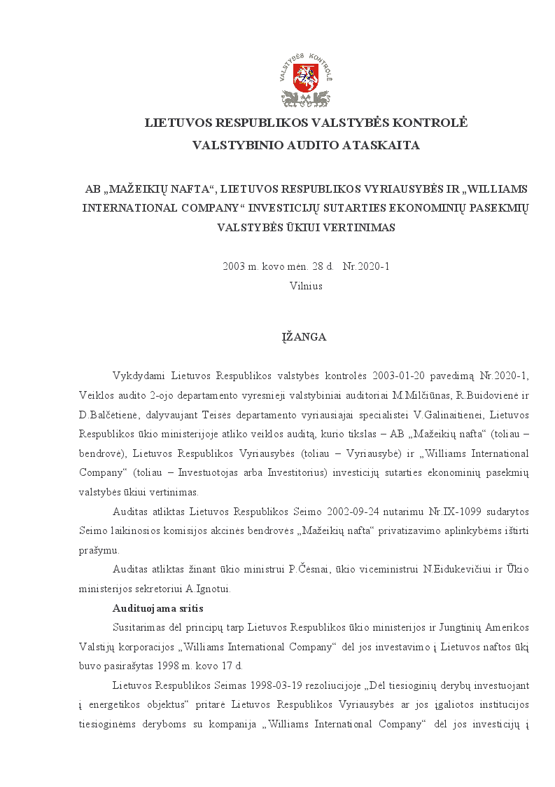AB „Mažeikių nafta“, Lietuvos Respublikos Vyriausybės ir „Williams International Company“ investicijų sutarties ekonominių pasekmių valstybės ūkiui vertinimas