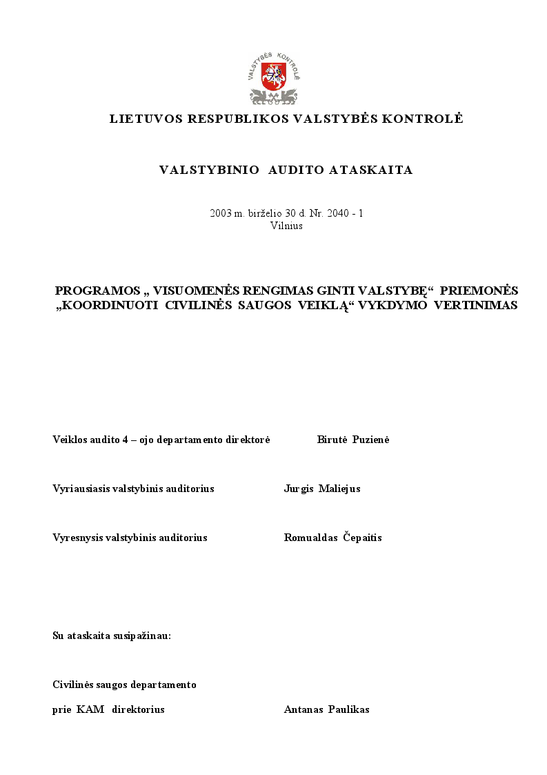 Programos "Visuomenės rengimas ginti valstybę" priemonės "Koordinuoti civilinės saugos veiklą" vykdymo vertinimas