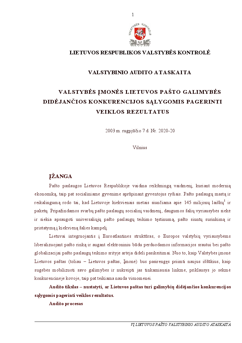 Valstybinės įmonės "Lietuvos paštas" galimybės didėjančios konkurencijos sąlygomis pagerinti veiklos rezultatus