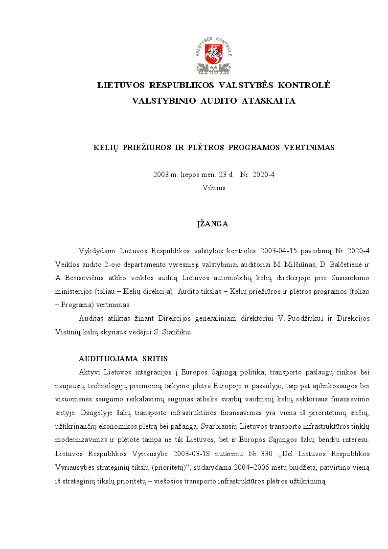 Kelių priežiūros ir plėtros programos vertinimas