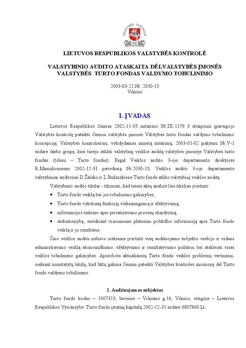 Dėl valstybės įmonės "Valstybės turto fondas" valdymo tobulinimo
