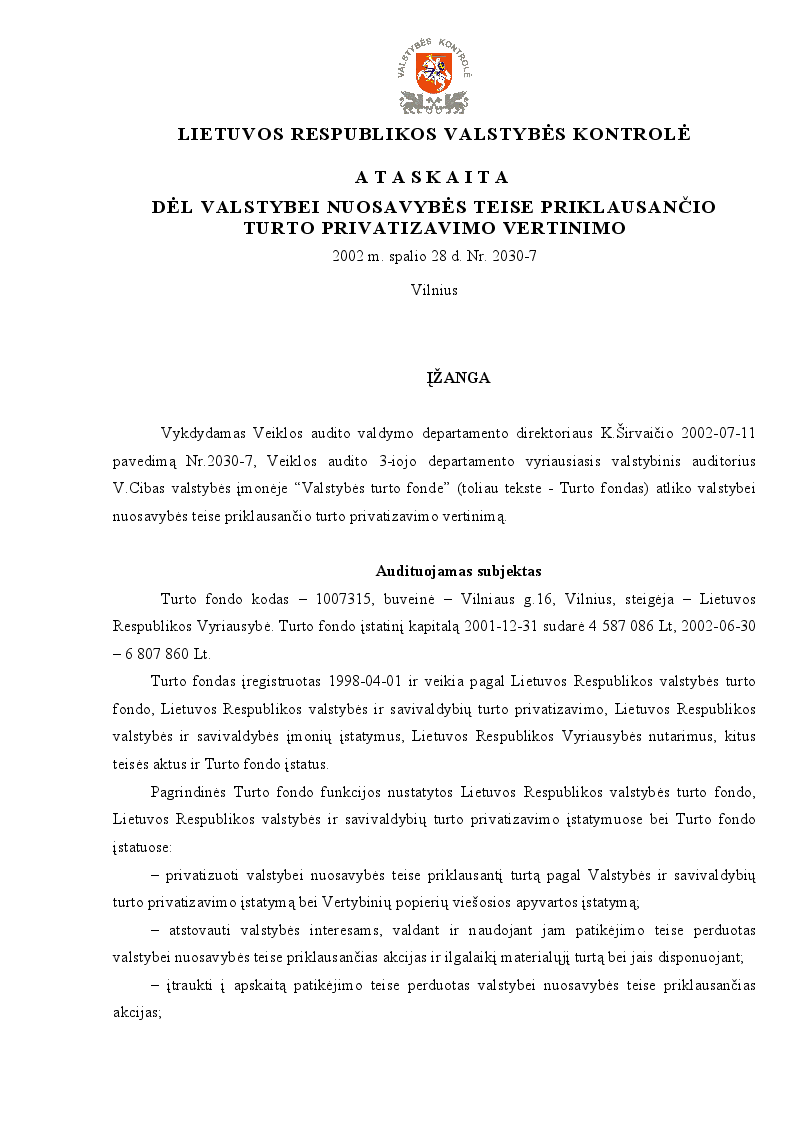 Dėl valstybei nuosavybės teise priklausančio turto privatizavimo vertinimo