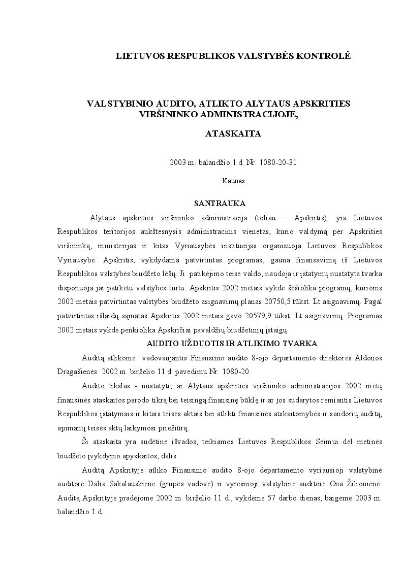 Valstybinio audito, atlikto Alytaus apskrities viršininko administracijoje, ataskaita