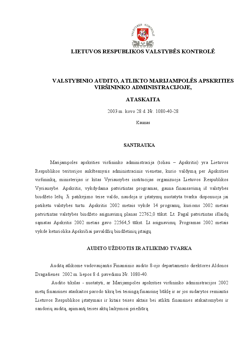 Valstybinio audito, atlikto  Marijampolės apskrities viršininko administracijoje, ataskaita