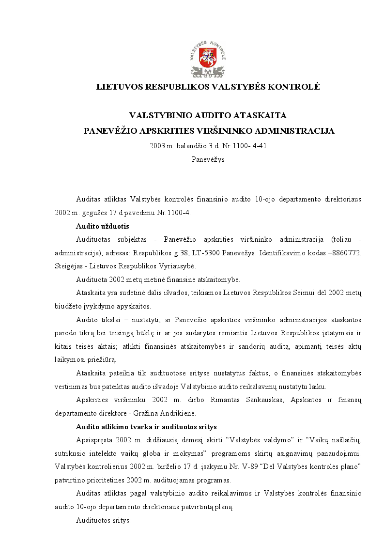 Valstybinio audito ataskaita. Panevėžio apskrities viršininko administracija