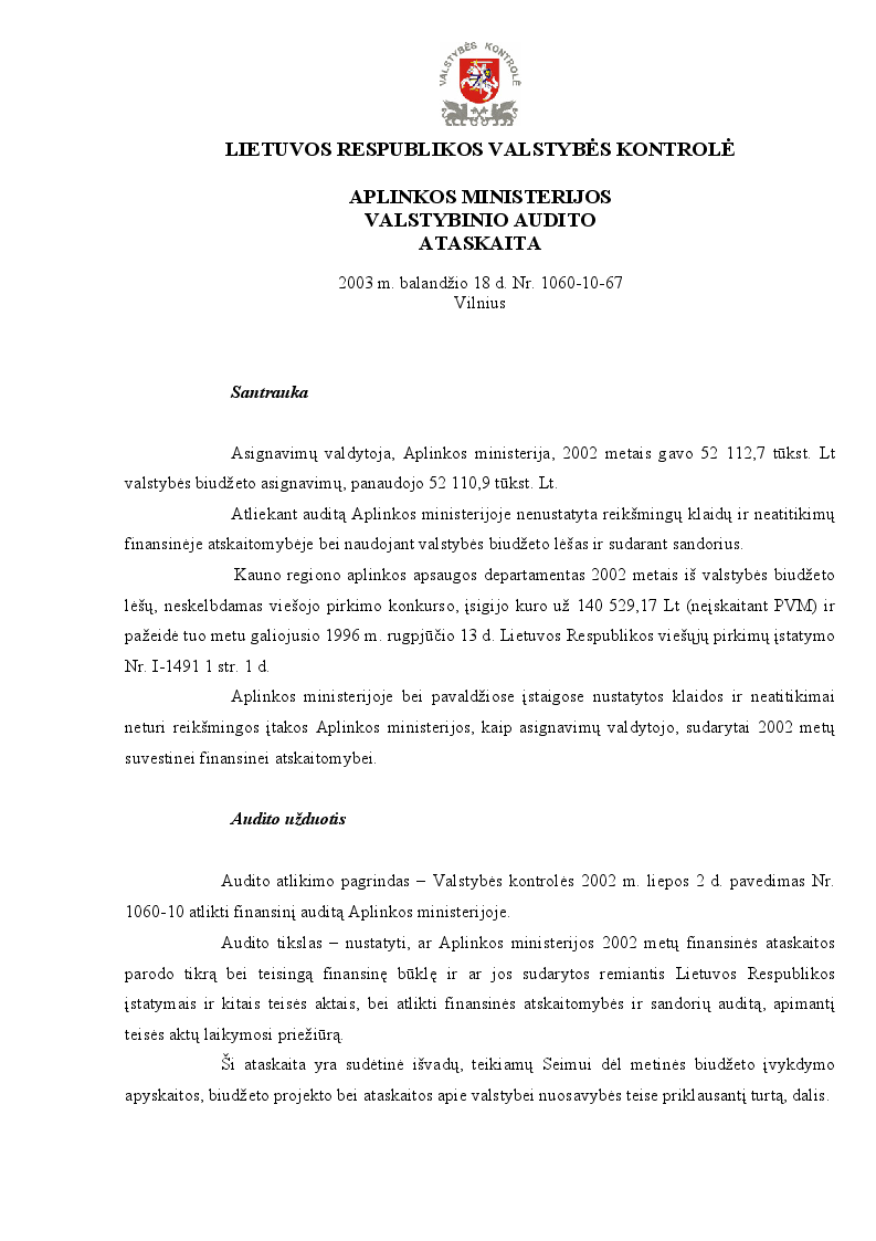 Aplinkos ministerijos valstybinio audito ataskaita
