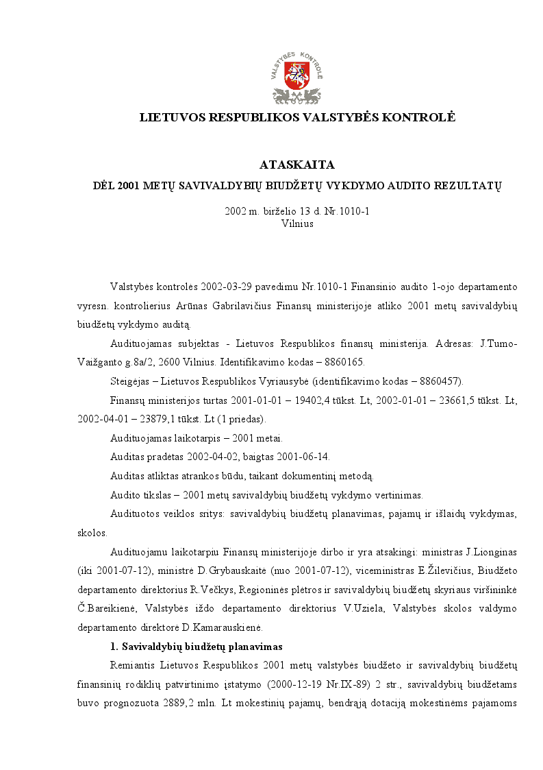 Dėl 2001 m. savivaldybių biudžetų vykdymo rezultatų