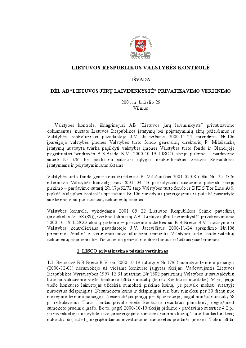 Dėl AB "Lietuvos Jūrų Laivininkystė" privatizavimo vertinimo