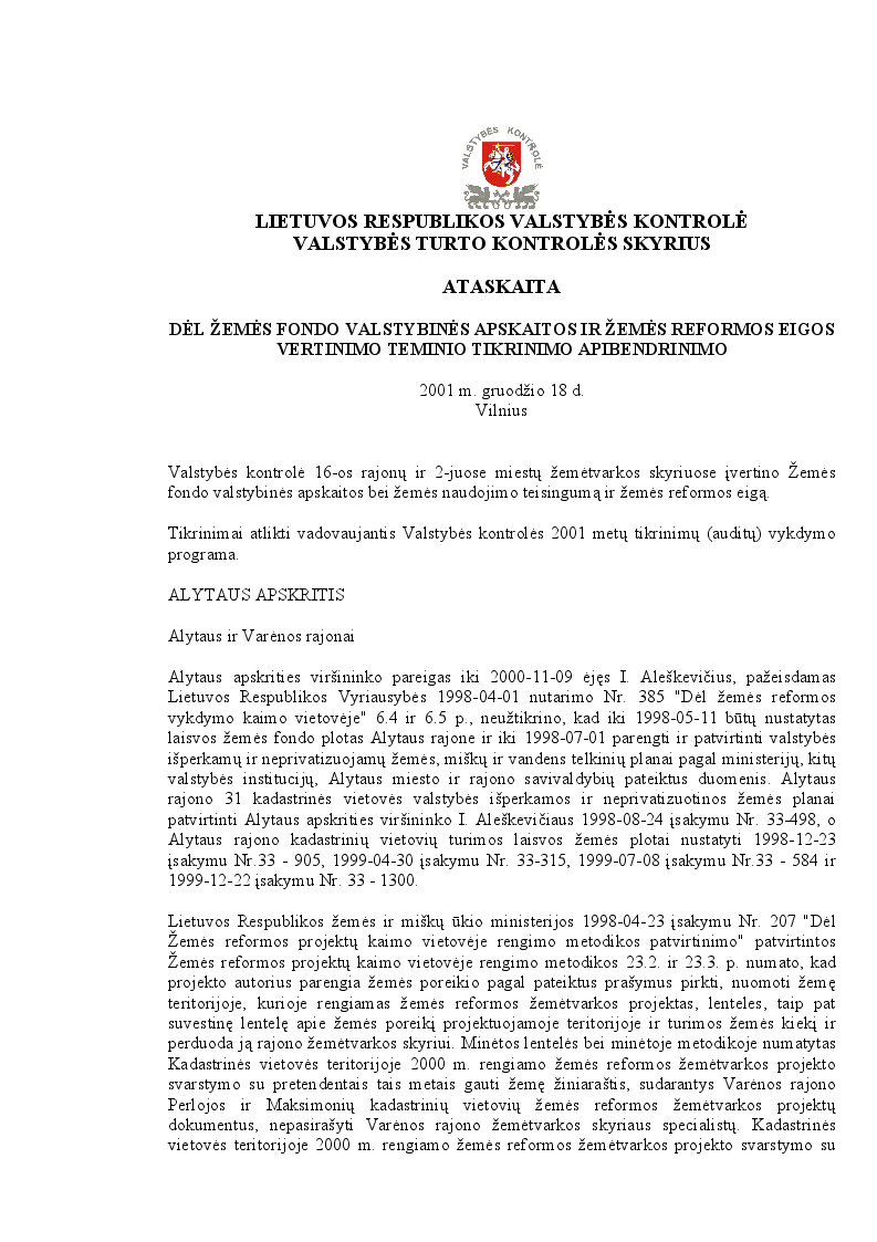 Dėl žemės fondo valstybinės apskaitos ir žemės reformos eigos vertinimo teminio tikrinimo apibendrinimo