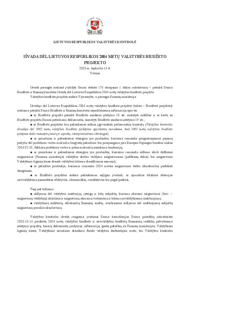 Išvada dėl Lietuvos Respublikos 2004 metų valstybės biudžeto projekto