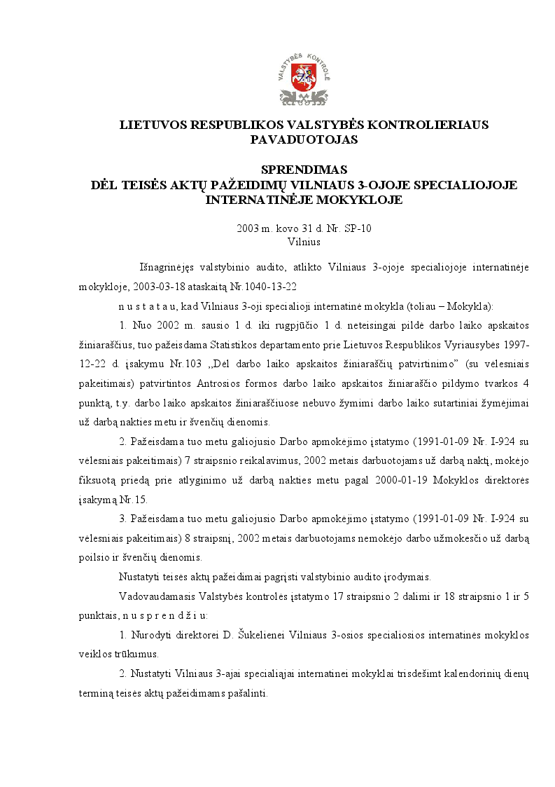 Sprendimas dėl teisės aktų pažeidimų Vilniaus 3-ojoje specialiojoje internatinėje mokykloje