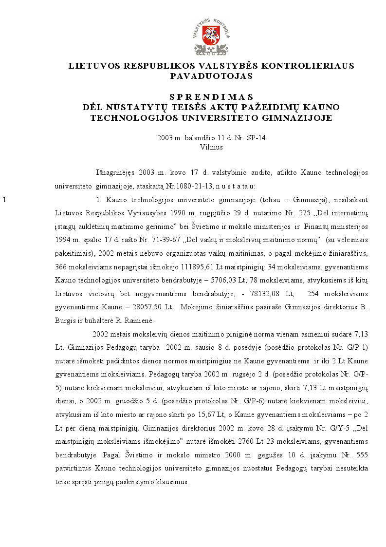 Sprendimas dėl nustatytų teisės aktų pažeidimų Kauno technologijos universiteto gimnazijoje