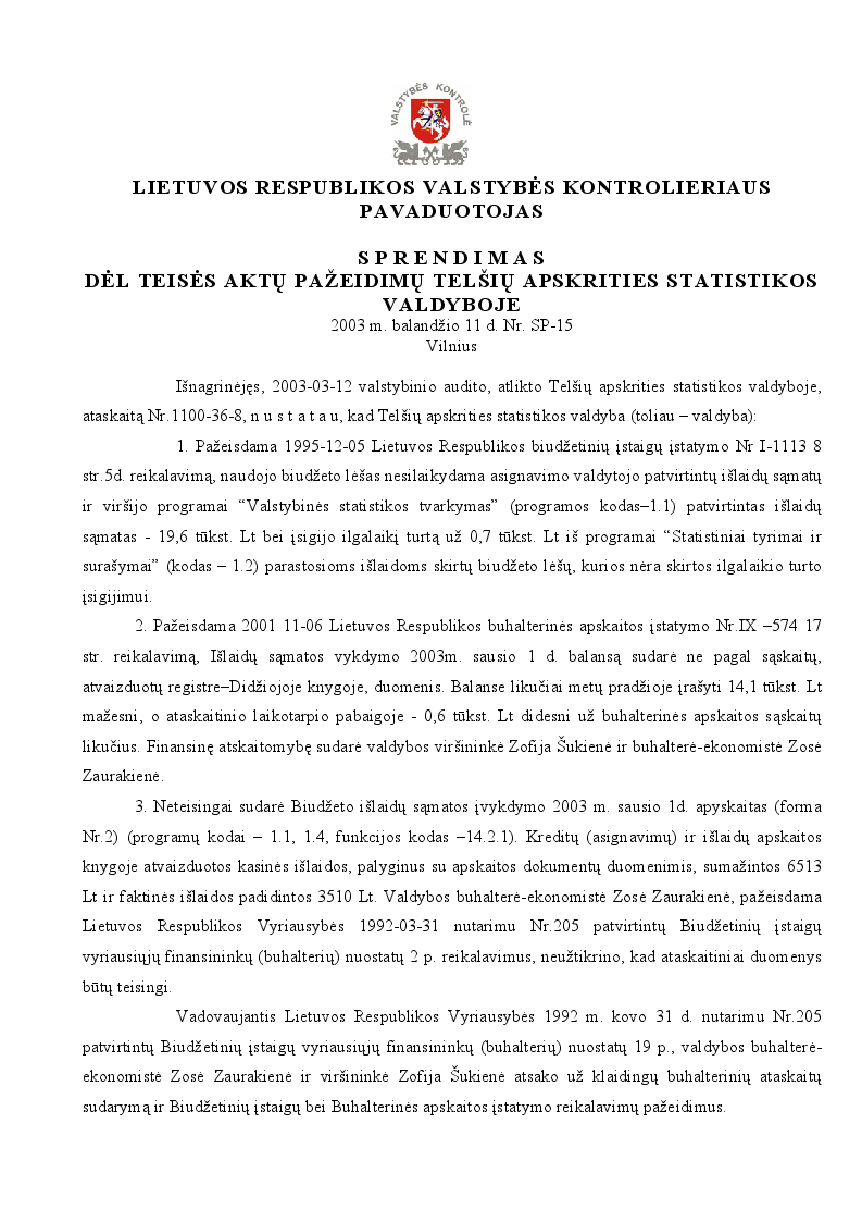 Sprendimas dėl teisės aktų pažeidimų Telšių apskrities statistikos valdyboje