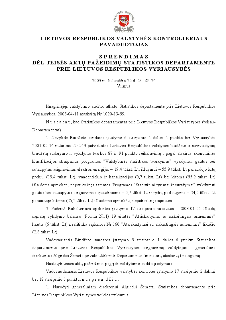 Sprendimas dėl teisės aktų pažeidimų Statistikos departamente prie Lietuvos Respublikos Vyriausybės