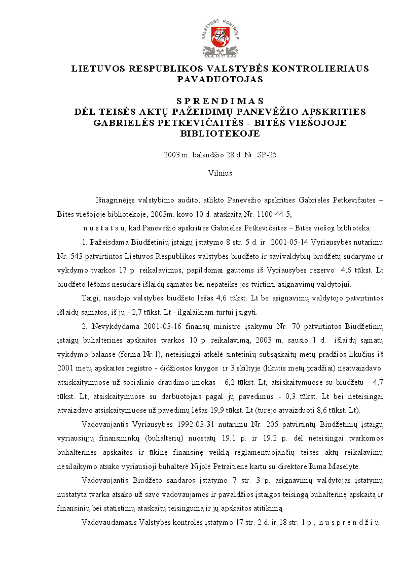 Sprendimas dėl teisės aktų pažeidimų Panevėžio apskrities Gabrielės Petkevičaitės - Bitės viešojoje bibliotekoje