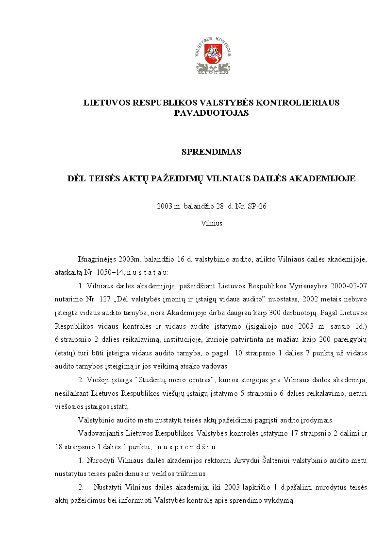 Sprendimas dėl teisės aktų pažeidimų Vilniaus dailės akademijoje