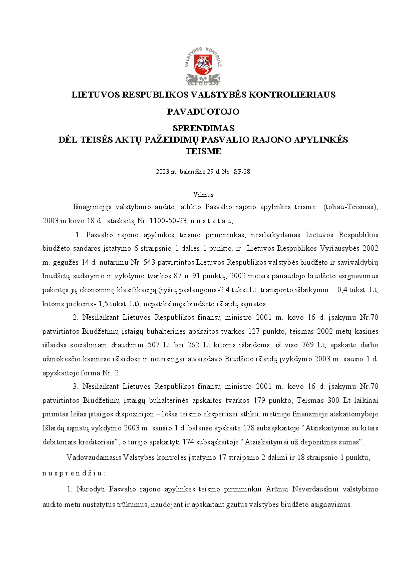 Sprendimas dėl teisės aktų pažeidimų Pasvalio rajono apylinkės teisme