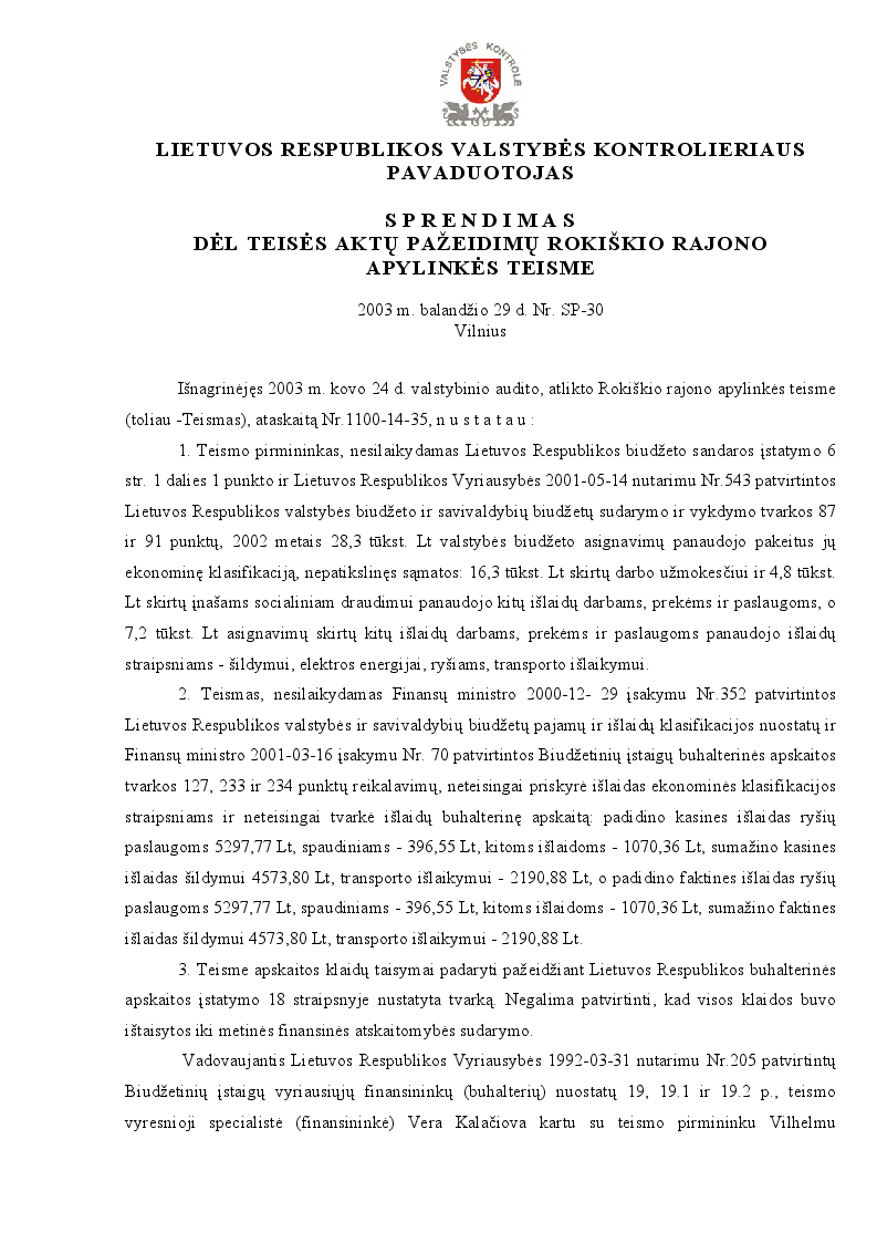 Sprendimas dėl teisės aktų pažeidimų Rokiškio rajono apylinkės teisme