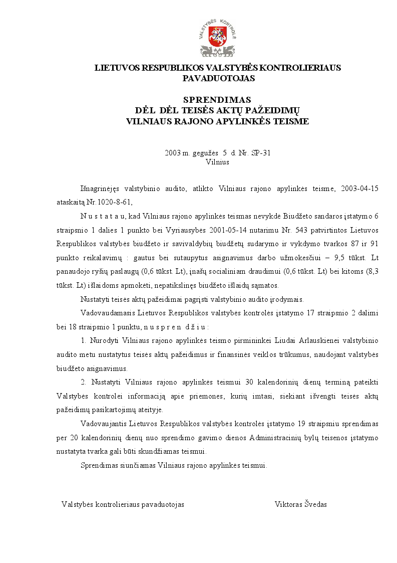 Sprendimas dėl teisės aktų pažeidimų Vilniaus rajono apylinkės teisme