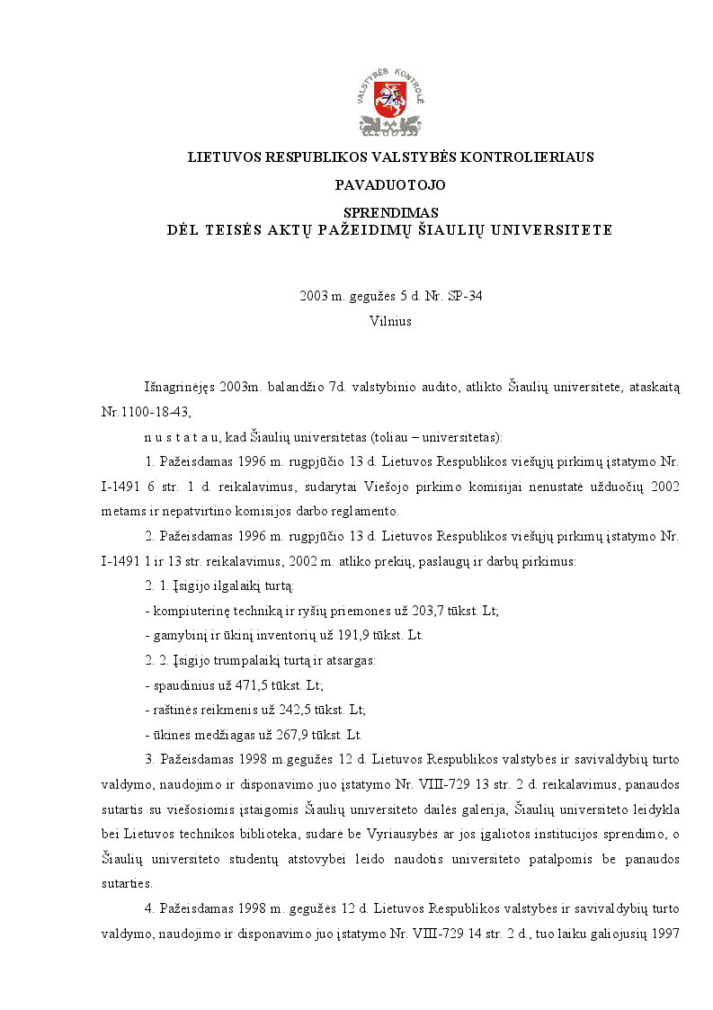 Sprendimas dėl teisės aktų pažeidimų Šiaulių universitete