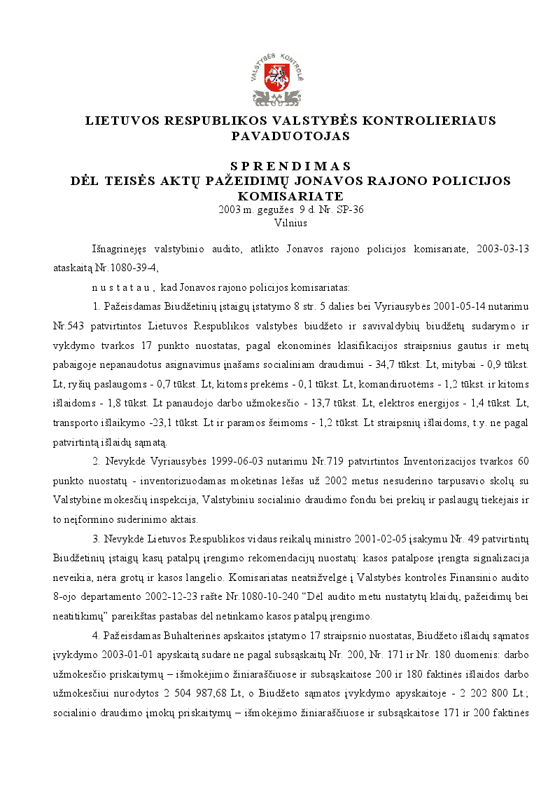 Sprendimas dėl teisės aktų pažeidimų Jonavos rajono policijos komisariate