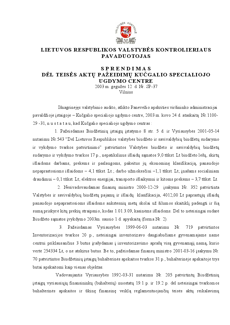 Sprendimas dėl teisės aktų pažeidimų Kučgalio specialiojo ugdymo centre