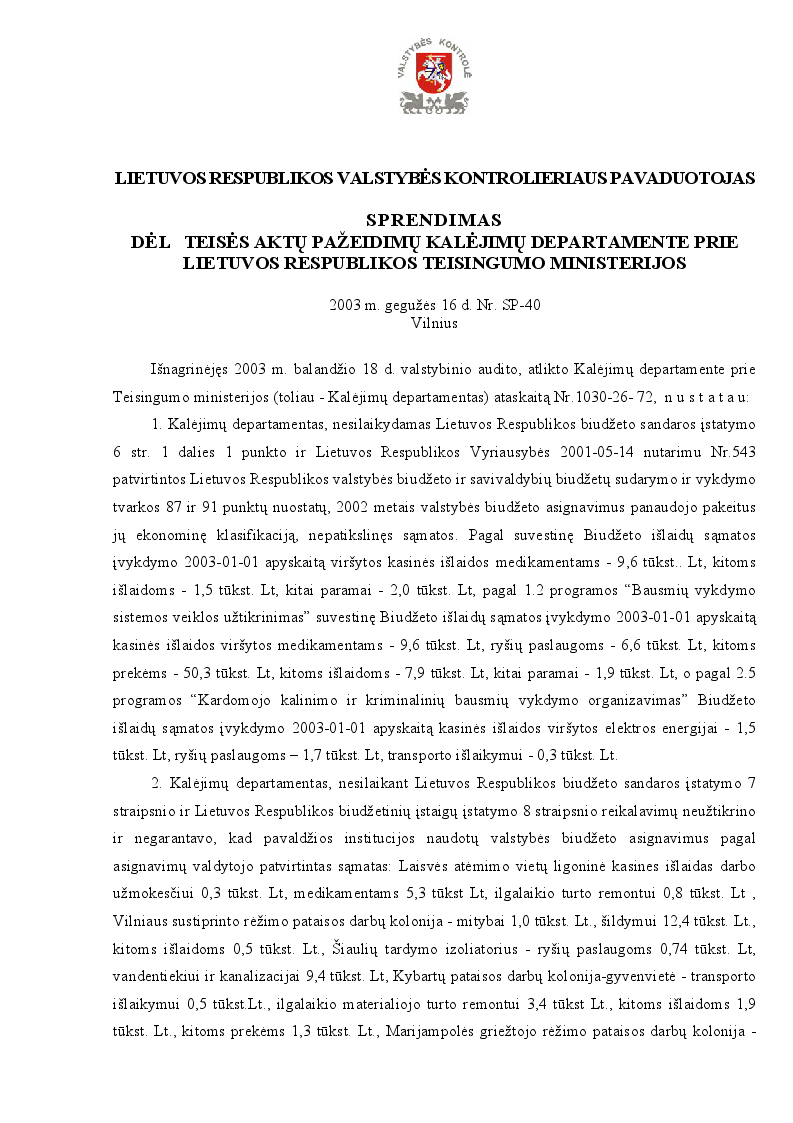 Sprendimas dėl teisės aktų pažeidimų Kalėjimų departamente prie Lietuvos Respublikos teisingumo ministerijos