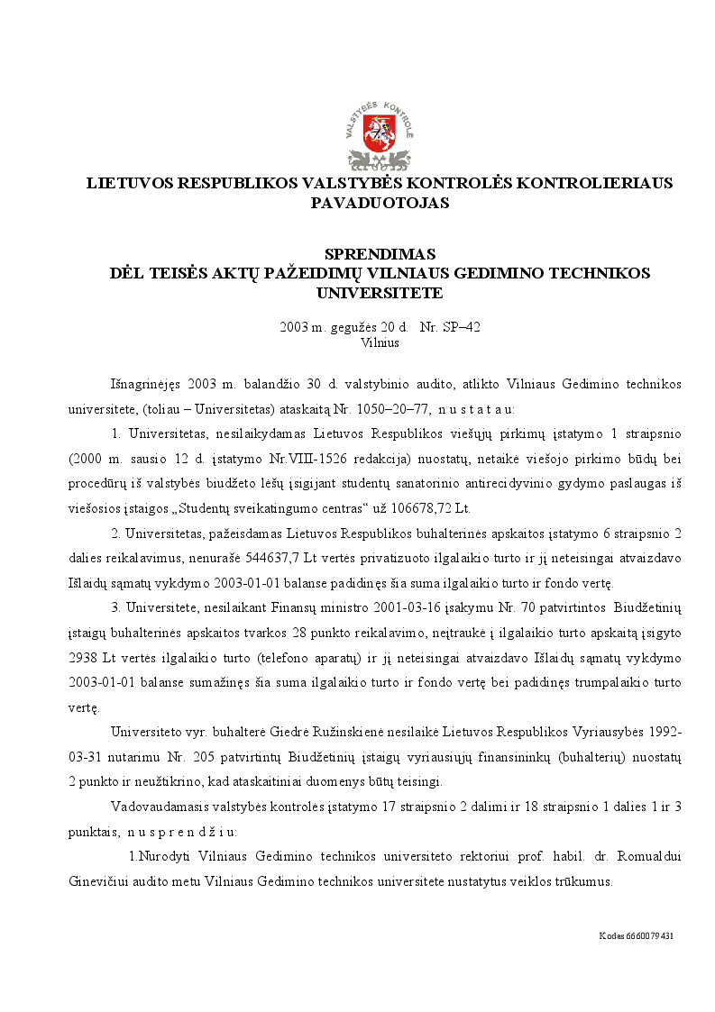 Sprendimas dėl teisės aktų pažeidimų Vilniaus Gedimino technikos universitete